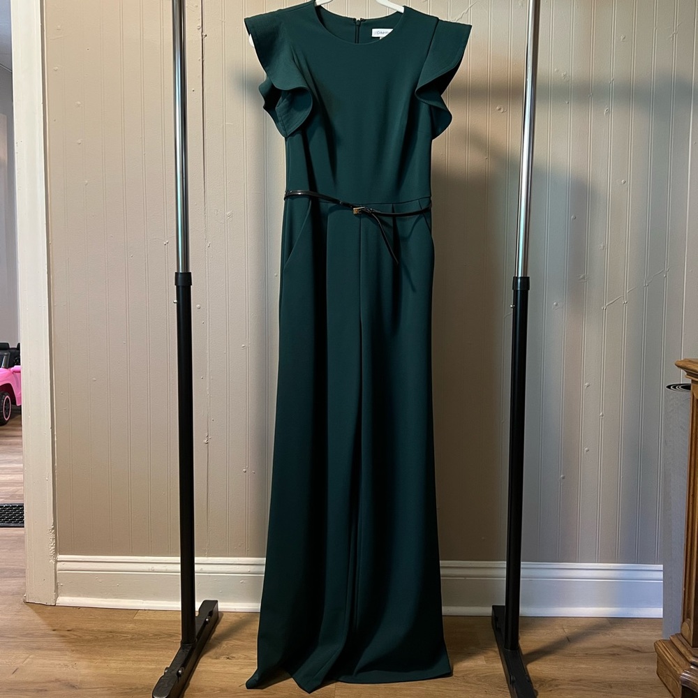 Calvin Klein Women’s Green Belted Ruffle-Sleeve Wide Leg Jumpsuit - Size 2